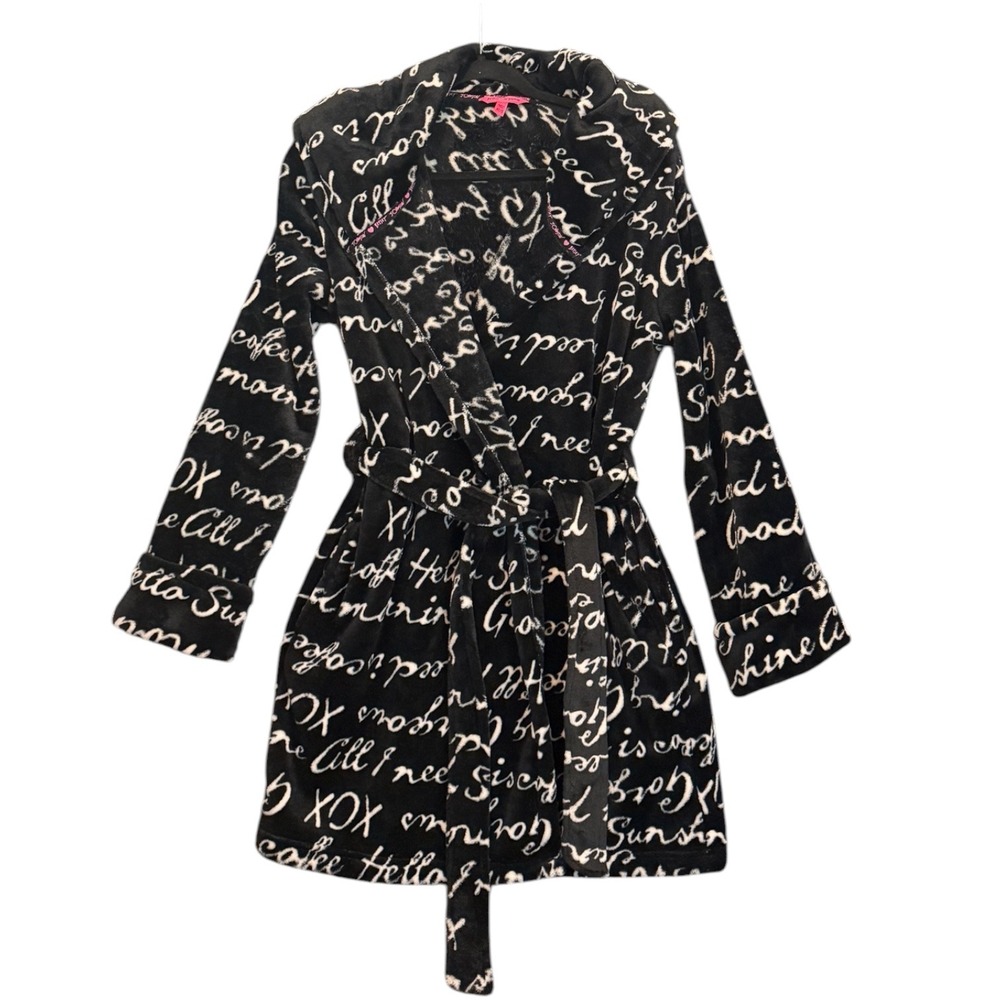 Betsey Johnson‎ Womens Plush Robe Black White Script Coffee Hello Sunshine XS/S